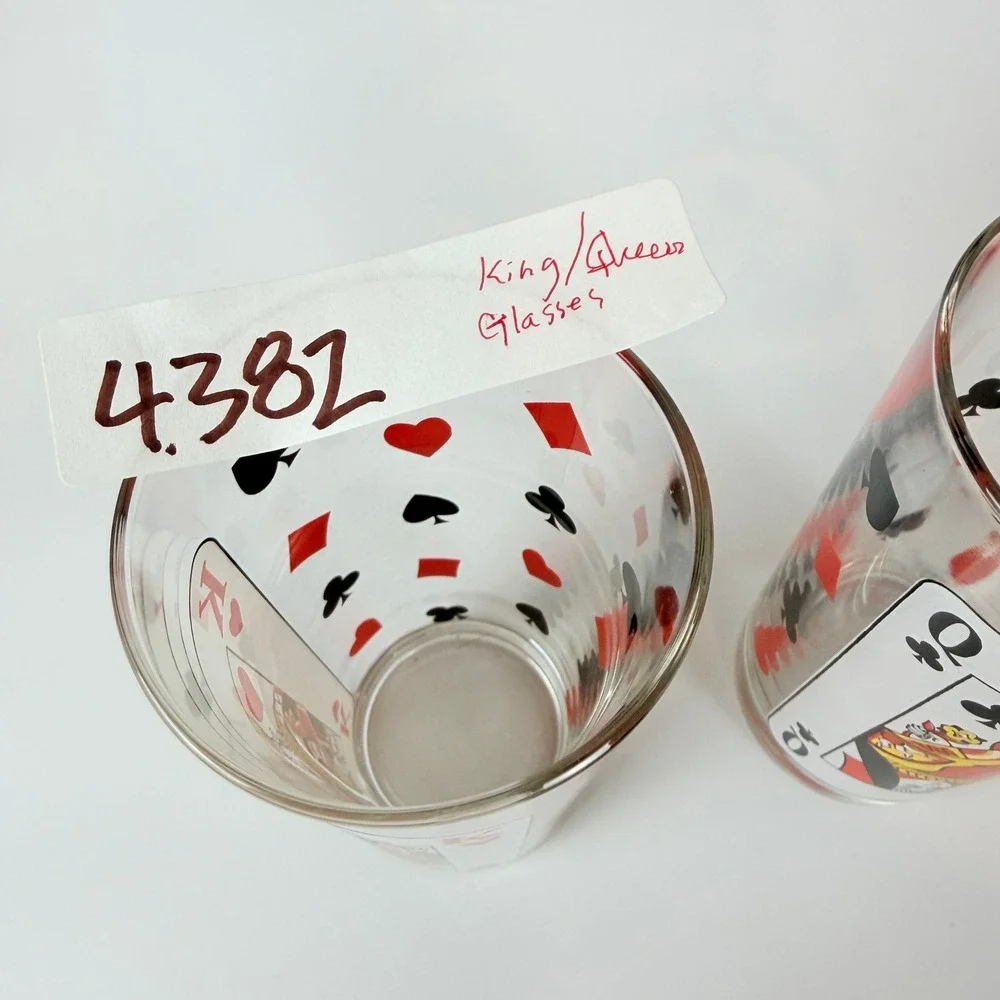 Playing‎ Card Highball Glasses Italy set of 2 King Hearts Queen Clubs 2pc 4382